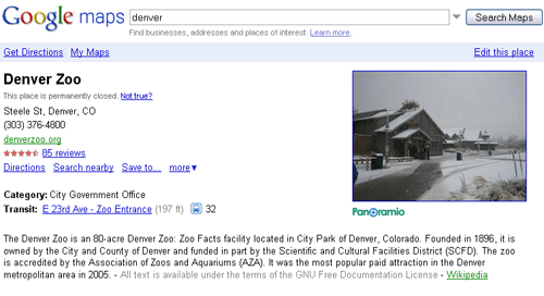 The Denver Zoo on Google Place Pages.